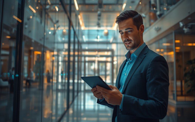 Profesional usando una tablet en un edificio moderno