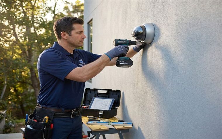 Técnico revisando una cámara de seguridad
